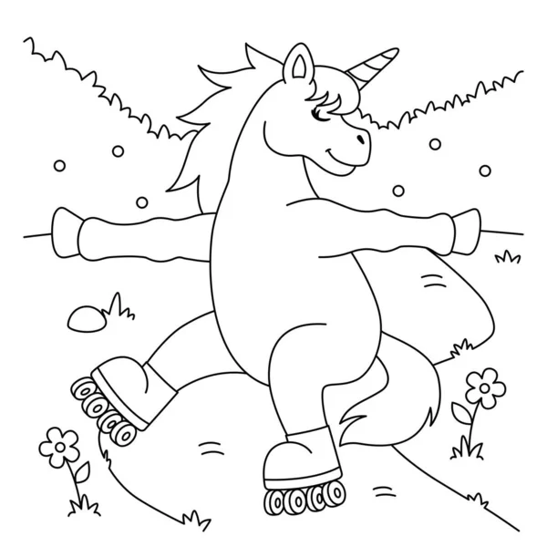 Pagina da colorare per pattinaggio a rotelle unicorno per bambini — Vettoriale Stock