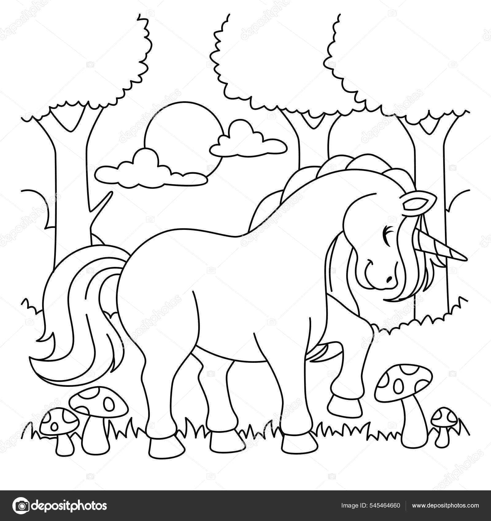 Unicorn In A Forest Coloring Page for Kids Stock Vector Image by ...