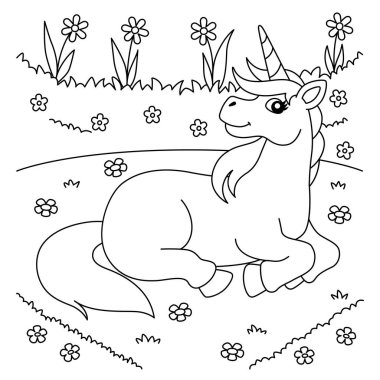 Tek boynuzlu at Çiçek Tarlası Renk Sayfasında Uzanıyor 