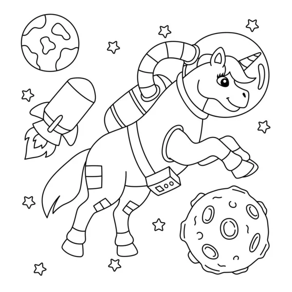 Jednorožec astronaut v prostoru omalovánky stránky pro děti — Stockový vektor