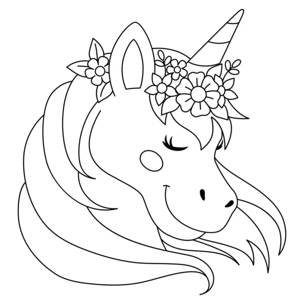 Unicorno che indossa una corona di fiori da colorare — Vettoriale Stock
