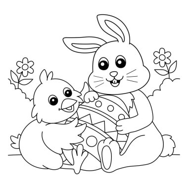 Rabbit And Chick Hugging An Easter Egg Coloring vector Rabbit And Chick Hugging An Easter Egg Coloring vector