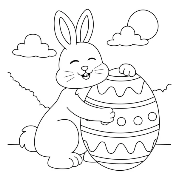 Conejo abrazando huevo de Pascua para colorear página para niños — Vector de stock