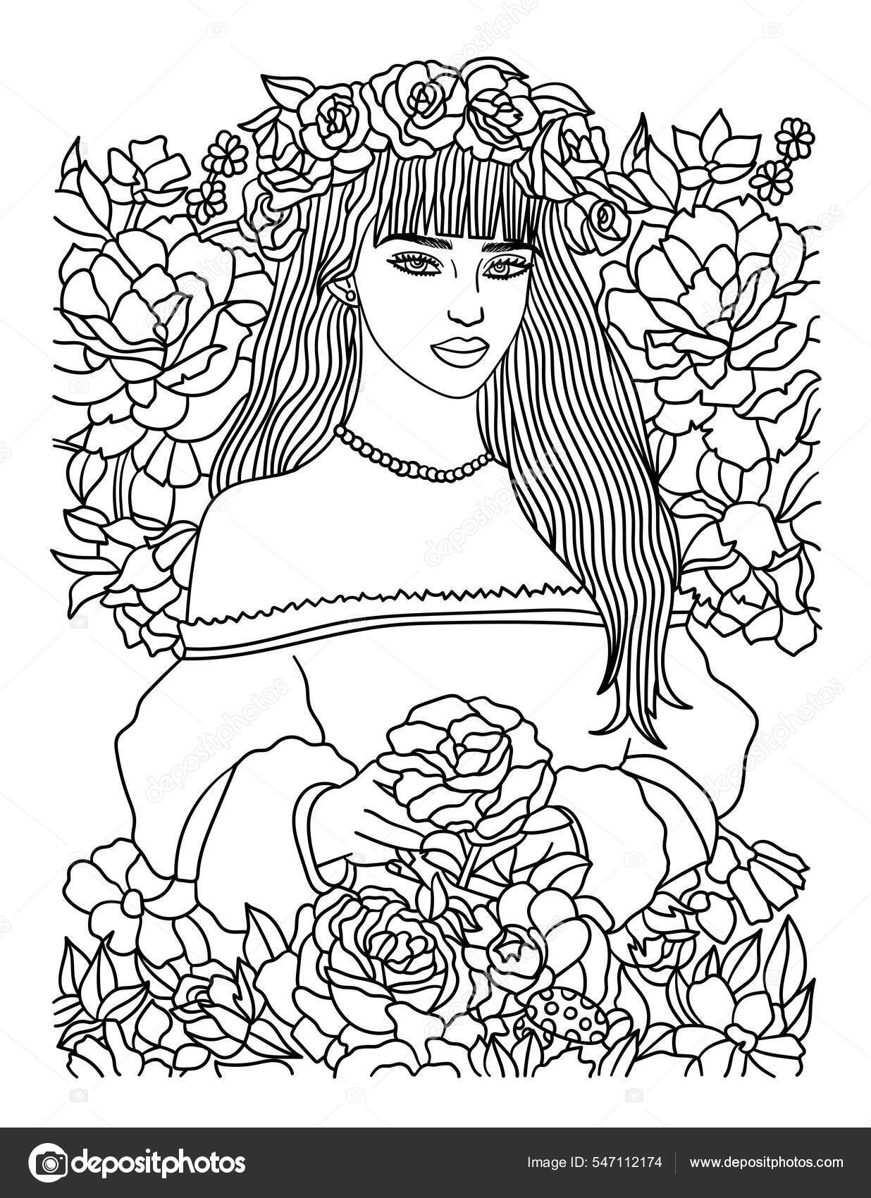 Beautiful Flower Girl Coloring Page for Adults Stock Vector Image by