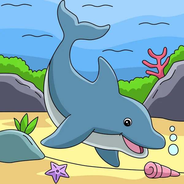 Delfín v oceánu karikatura barevné ilustrace — Stockový vektor