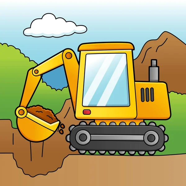 Ilustración del vehículo coloreado de la historieta de excavadora — Vector de stock