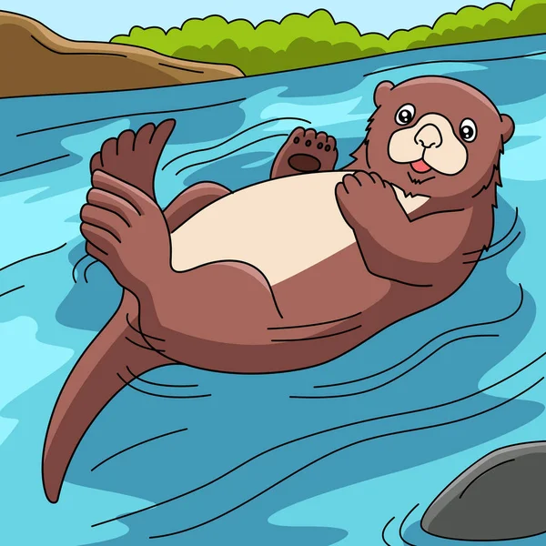 Sea Otter Cartoon Colored Illustration - Stok Vektor