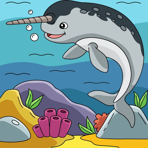 Narval v ilustraci karikatury oceánu — Stockový vektor