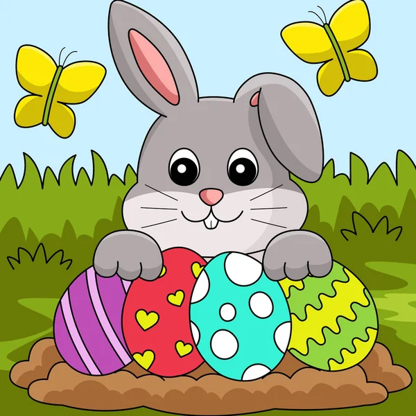 Rabbit Collecting Easter Egg Ilustração colorida — Vetor de Stock