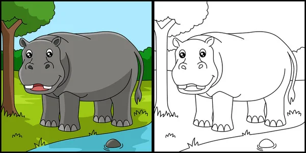 Página para colorear hipopótamo ilustración coloreada — Vector de stock