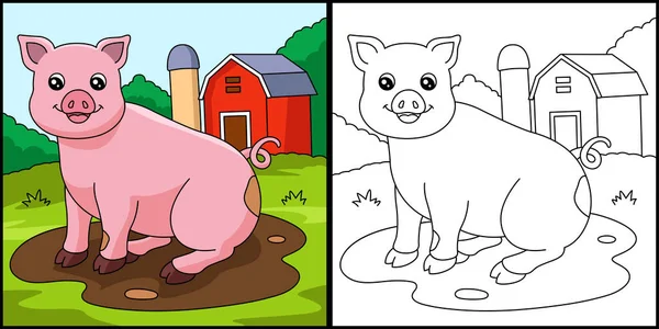 豚のぬりえページカラーイラスト — ストックベクタ