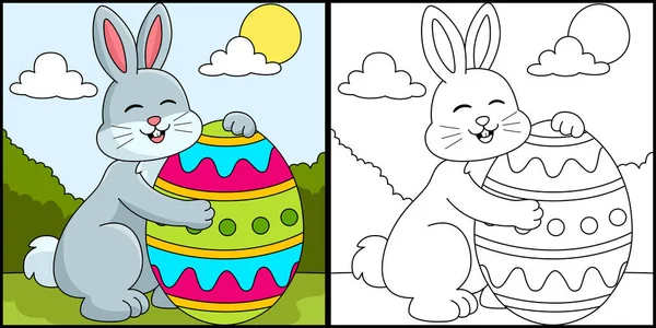 Rabbit Hugging Easter Egg Coloring Illustration — Stock Vector
