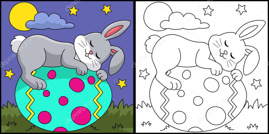 Rabbit Sleeping On Egg Coloring Illustration