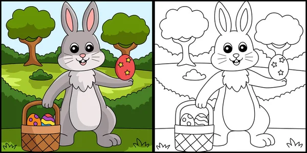 ウサギの開催イースターバスケットの着色イラスト — ストックベクタ