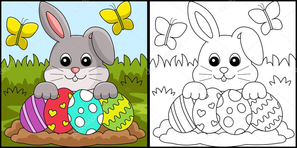 Rabbit Collecting Easter Egg Coloring Illustration