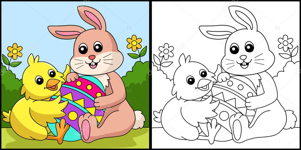 Rabbit And Chick Hugging Easter Egg Illustration