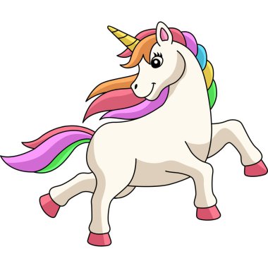 Tek boynuzlu at sahilde geziniyor, Clipart çizgi filminde. 