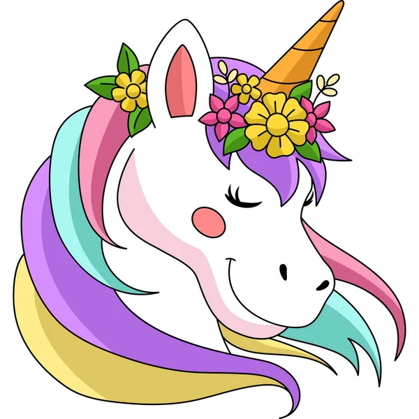 Unicorno indossando fiore corona cartone animato Clipart — Vettoriale Stock