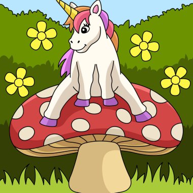 Tek boynuzlu at mantar renkli bir çizgi filmde oturuyor. 