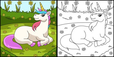 Tek boynuzlu at Çiçek Tarlası Renk Sayfasında Uzanıyor