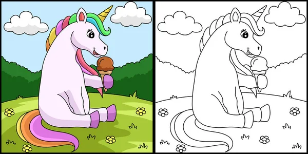 Unicorn Dondurma Yeme Renk Sayfası — Stok Vektör