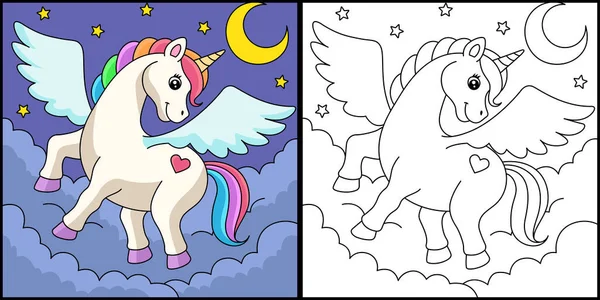 Flying Unicorn Coloring Page Colored Illustration - Stok Vektor
