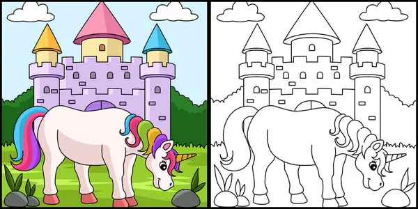 Unicorn Castle Coloring Page Colored Illustration - Stok Vektor