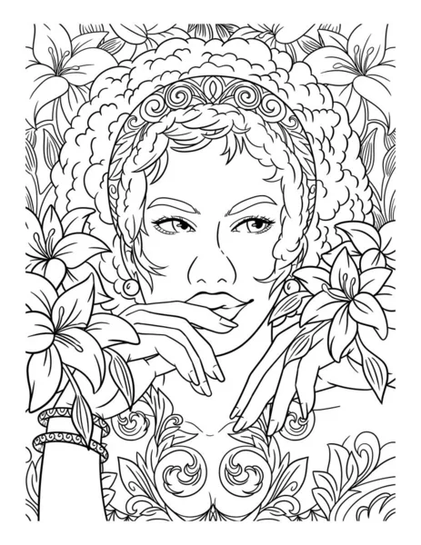 Afro American Flower Girl Adult Coloring Page — Stock Vector