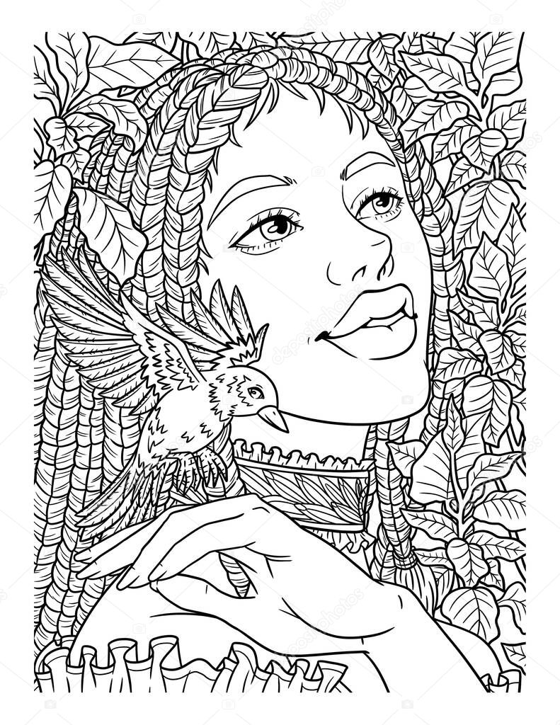 Afro American Girl With Bird Adult Coloring Page 