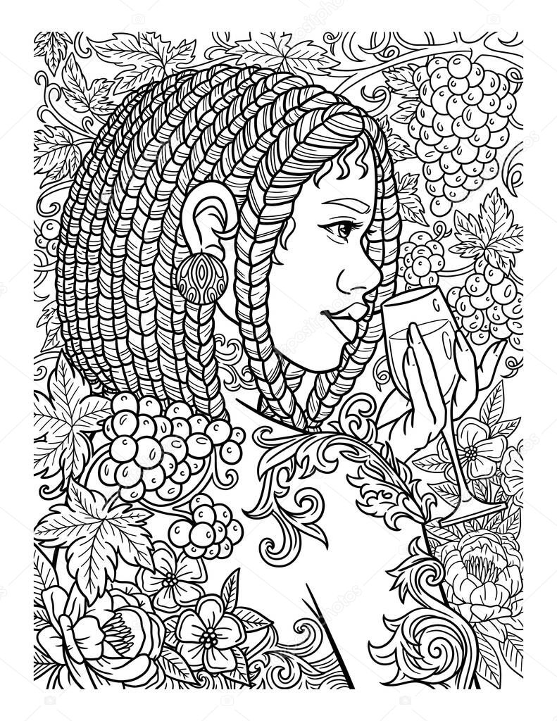 Afro American Girl With Wine Adult Coloring Page