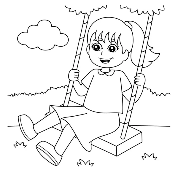 Chica en un columpio para colorear página para niños — Vector de stock