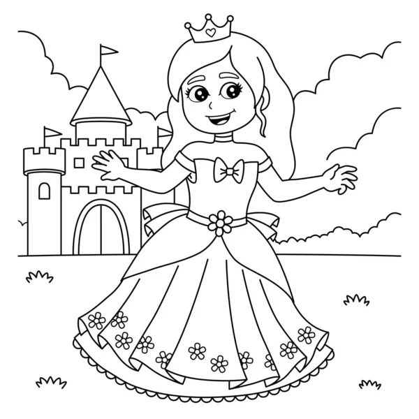 Princezna v přední části hradu zbarvení pro děti — Stockový vektor