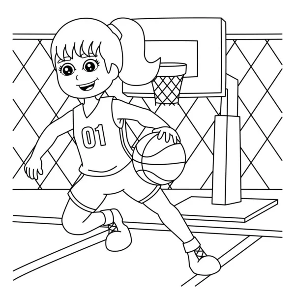 Menina jogando basquete colorir página para crianças — Vetor de Stock