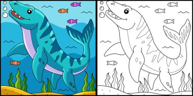 Mosasaurus Dinozor Renklendirme Sayfası İllüstrasyonu