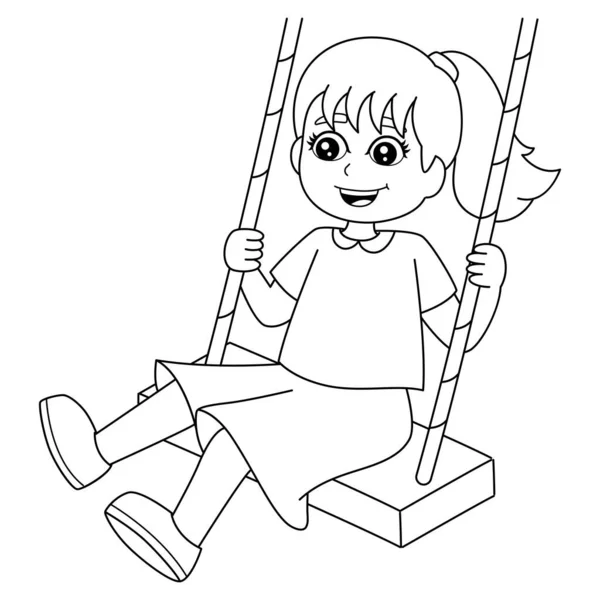 Chica en un columpio para colorear página aislada para niños — Vector de stock