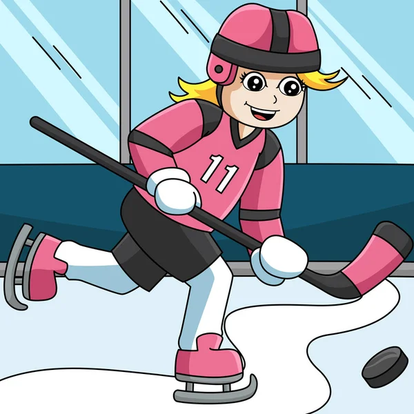 Flicka som spelar Hockey färgad tecknad Illustration — Stock vektor