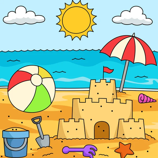 Spielzeug am Strand farbige Cartoon-Illustration — Stockvektor