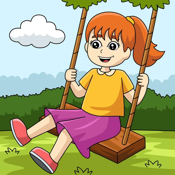 Mädchen auf einem Schaukel farbige Cartoon-Illustration — Stockvektor