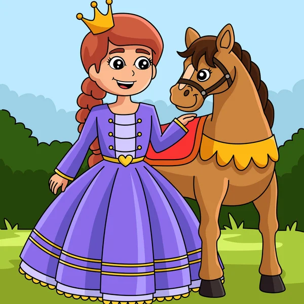 公主及马匹彩绘卡通画 — 图库矢量图片