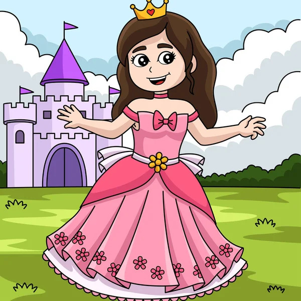 Princesa Frente al Castillo de Dibujos Animados de Colores — Archivo Imágenes Vectoriales