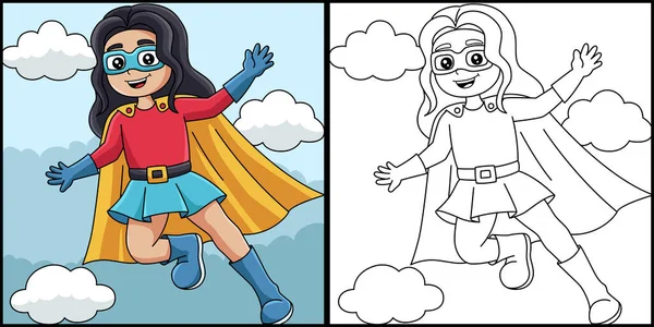 Superhjälte flicka färgläggning sida färgad illustration — Stock vektor