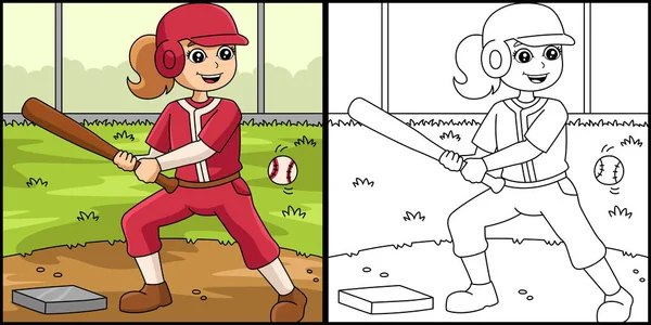 Meisje spelen honkbal kleuren pagina illustratie — Stockvector