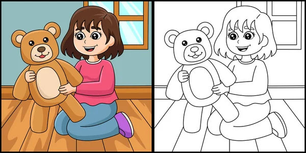 Dívka drží medvídek zbarvení ilustrace — Stockový vektor