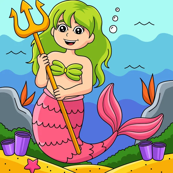 Meerjungfrau hält farbigen Cartoon mit Dreizack — Stockvektor