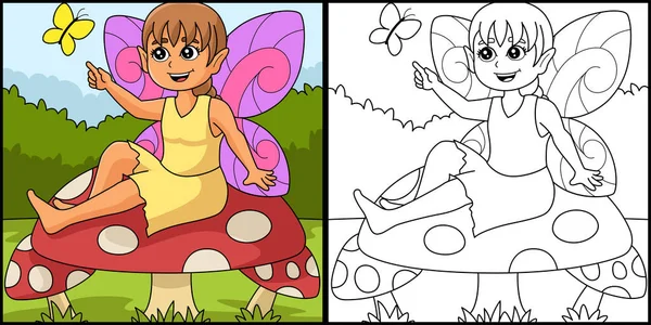 Fairy sitter på en svamp färgläggning illustration — Stock vektor