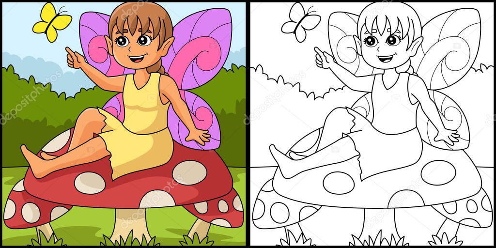 Fairy Sitting On A Mushroom Coloring Illustration