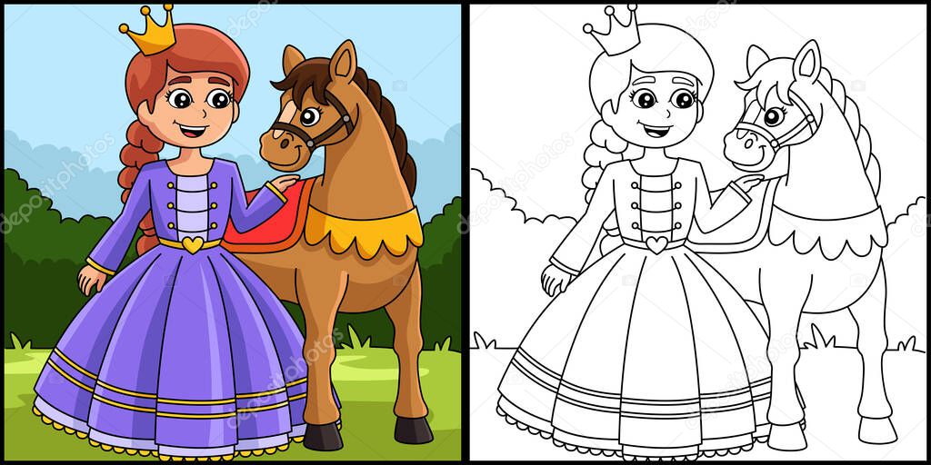 Princess And Horse Coloring Page Illustration