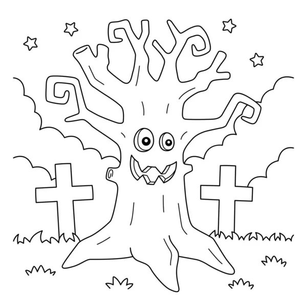 Scary Tree Halloween Coloring Page for Kids — 스톡 벡터
