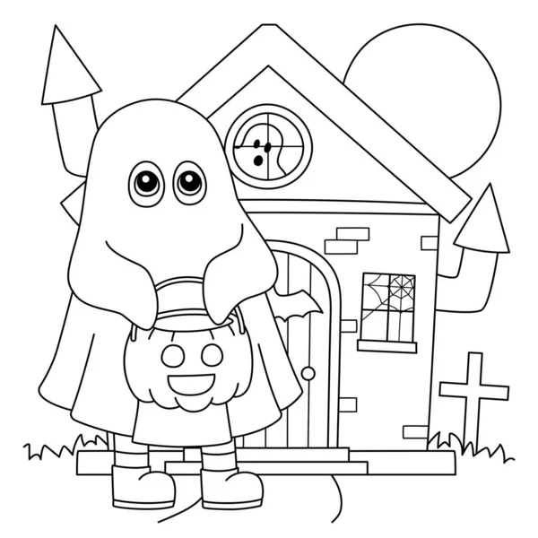 Ghost Trick or Treating Halloween Coloring Page — Vector de stock