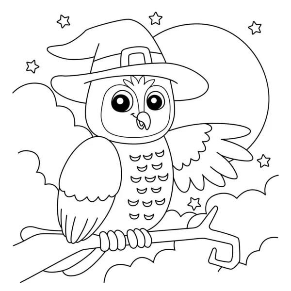 Owl Witch Hat Halloween Coloring Page for Kids — Vector de stock